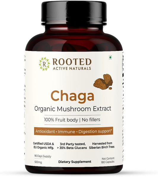Certified Organic Siberian Chaga Mushroom Extract Capsules with 35% Beta Glucans for Antioxidant & Vitality Support