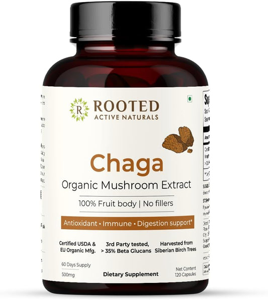 Certified Organic Siberian Chaga Mushroom Extract Capsules with 35% Beta Glucans for Antioxidant & Vitality Support (120 Veg Caps)