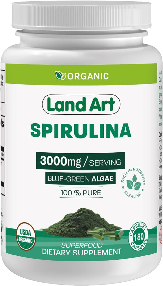 Certified Organic Spirulina Capsules - 180 Count - Vegan Superfood with Rich Minerals, Vitamins, and Proteins