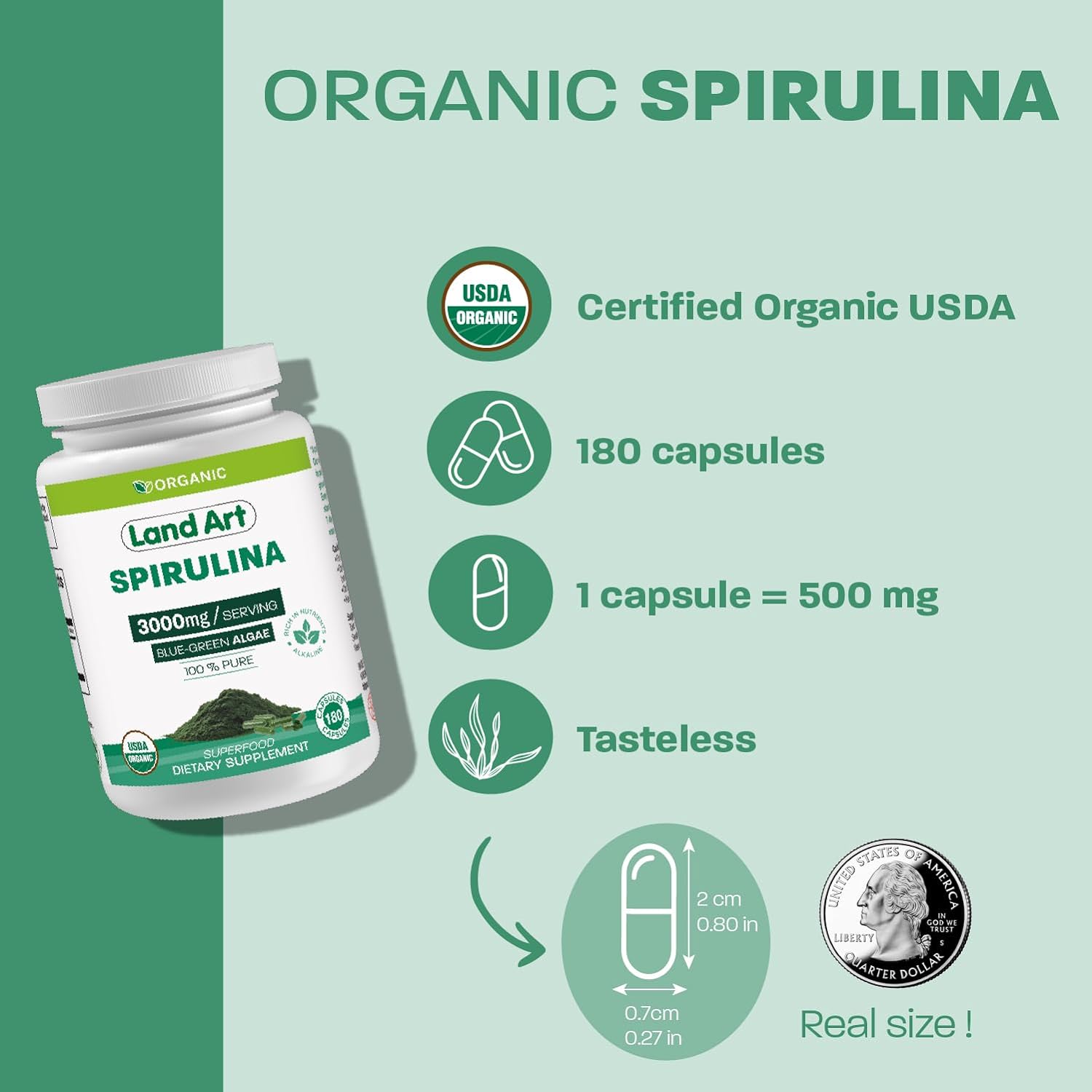 Certified Organic Spirulina Capsules - 180 Count - Vegan Superfood with Rich Minerals, Vitamins, and Proteins