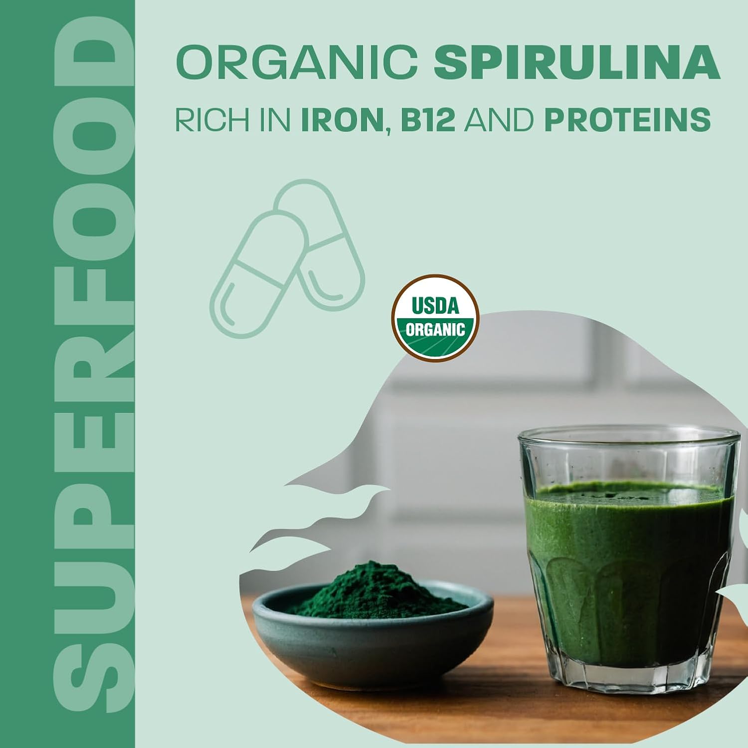Certified Organic Spirulina Capsules - 180 Count - Vegan Superfood with Rich Minerals, Vitamins, and Proteins