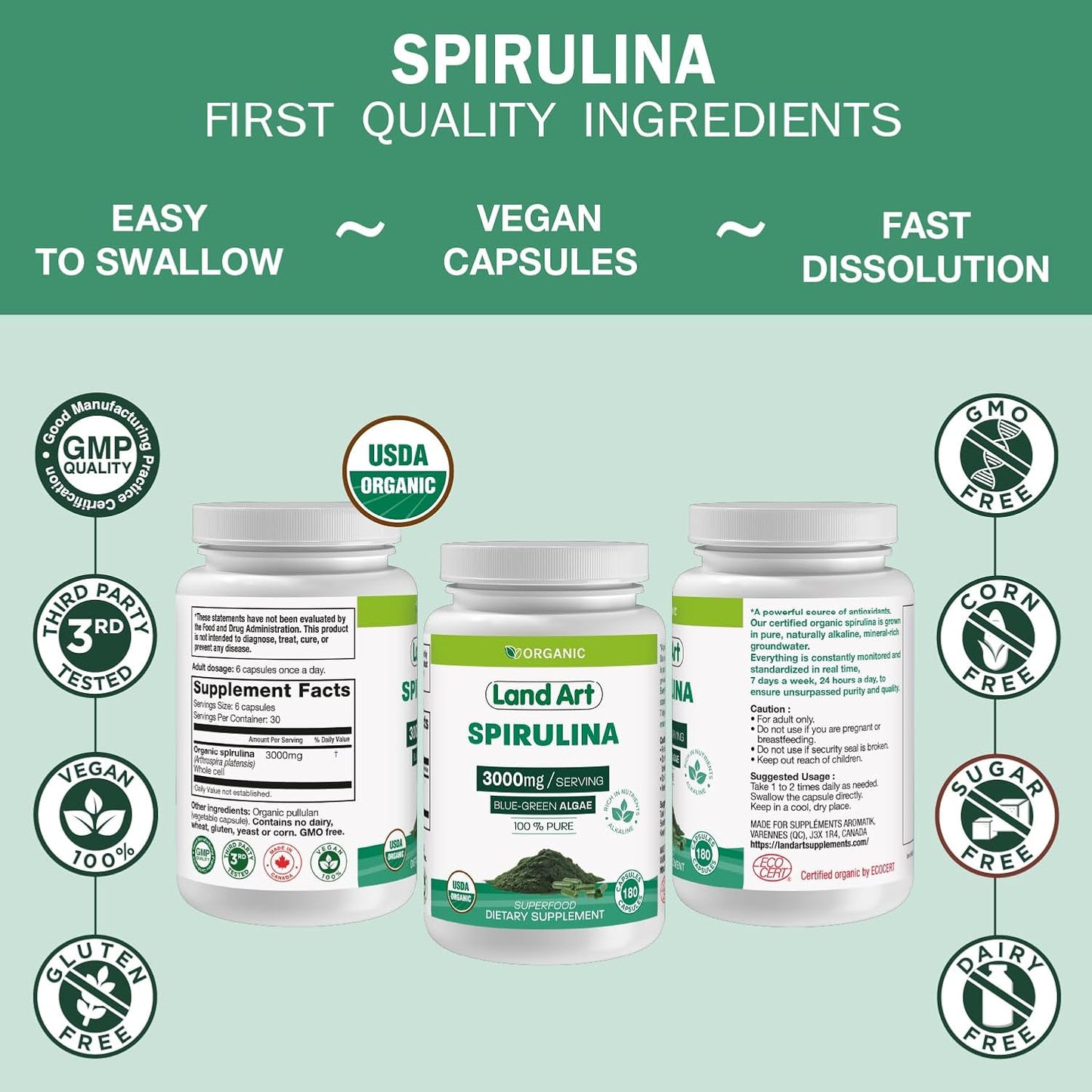 Certified Organic Spirulina Capsules - 180 Count - Vegan Superfood with Rich Minerals, Vitamins, and Proteins