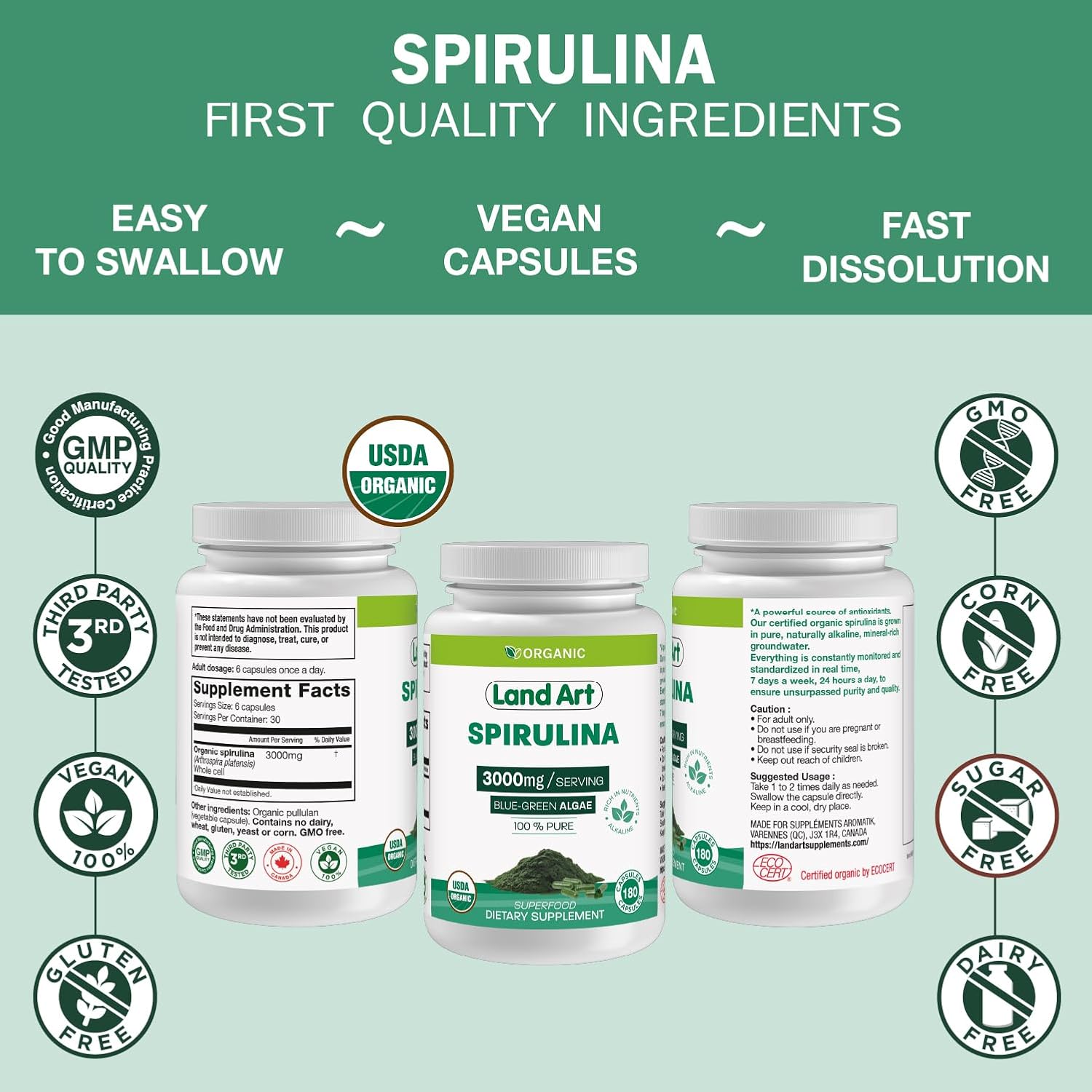 Certified Organic Spirulina Capsules - 180 Count - Vegan Superfood with Rich Minerals, Vitamins, and Proteins