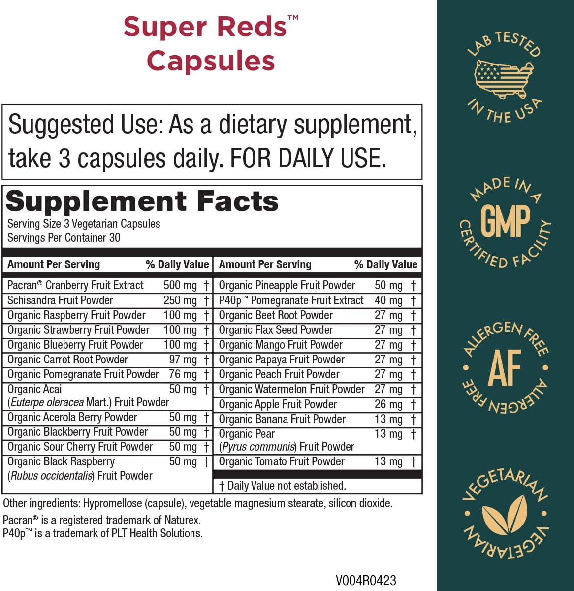 Certified Organic Super Reds Capsules with 20+ Super Fruits and Berries Phytonutrients - 90 Capsules