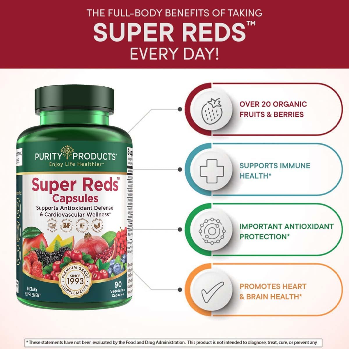 Certified Organic Super Reds Capsules with 20+ Super Fruits and Berries Phytonutrients - 90 Capsules