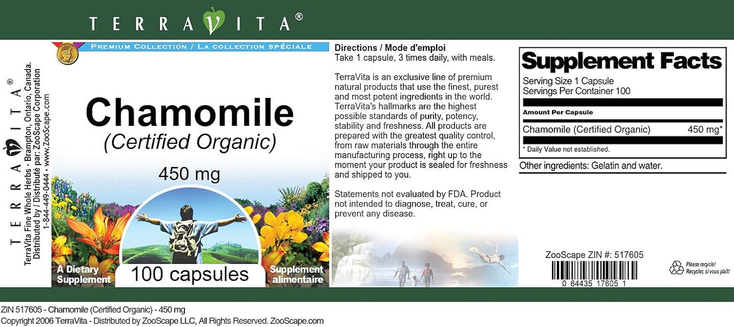 Certified Organic Terravita Chamomile Capsules - 450mg (100 Count, ZIN: 517605)