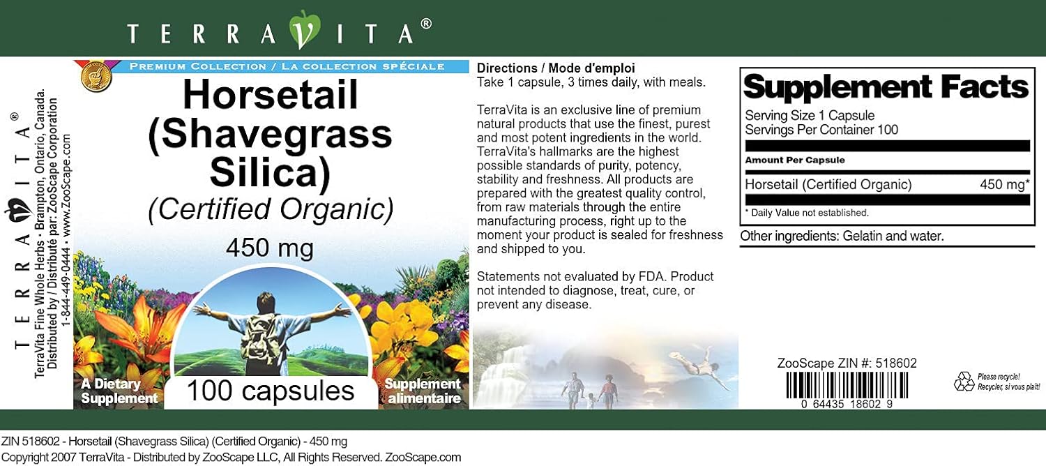Certified Organic Terravita Horsetail Shavegrass Silica Capsules 450mg - 100 Count (3 Pack)