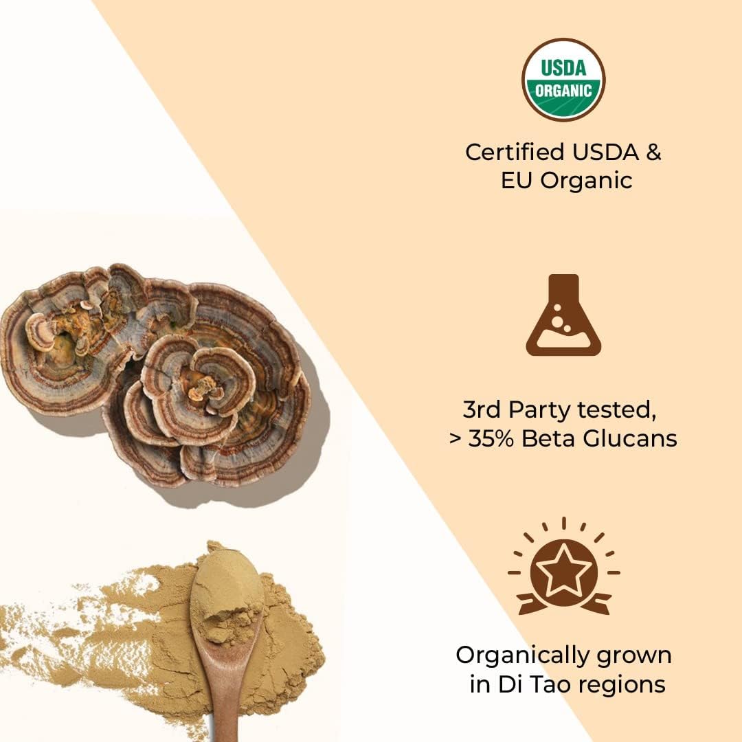 Certified Organic Turkey Tail Mushroom Extract Powder | High Beta Glucans | Lab Verified | Immune & Gut Support (2.11 oz)