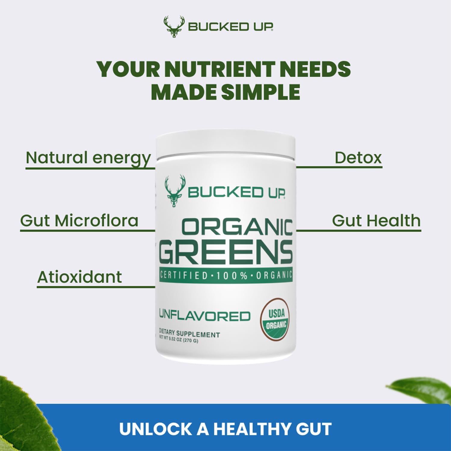 Certified Organic Unflavored Superfood Powder with 8 Essential Mixed Greens - Chlorella, Spinach, Kale, Spirulina, Alfalfa, Broccoli, Wheat Grass, & Barley Grass - 30 Servings - 9.52 OZ