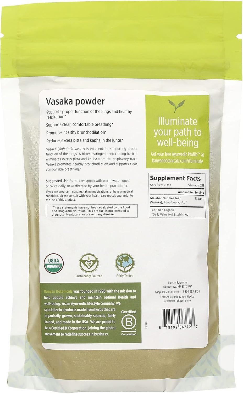 Certified Organic Vasaka Powder - 1/2 Pound - Supports Lung Function and Healthy Respiration