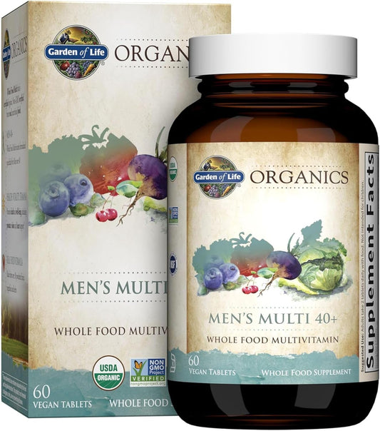 Certified Organic Vegan Men's Multivitamin 40+ for Health and Well-Being, 60 Tablets, Whole Food Vitamins and Minerals for Men Over 40