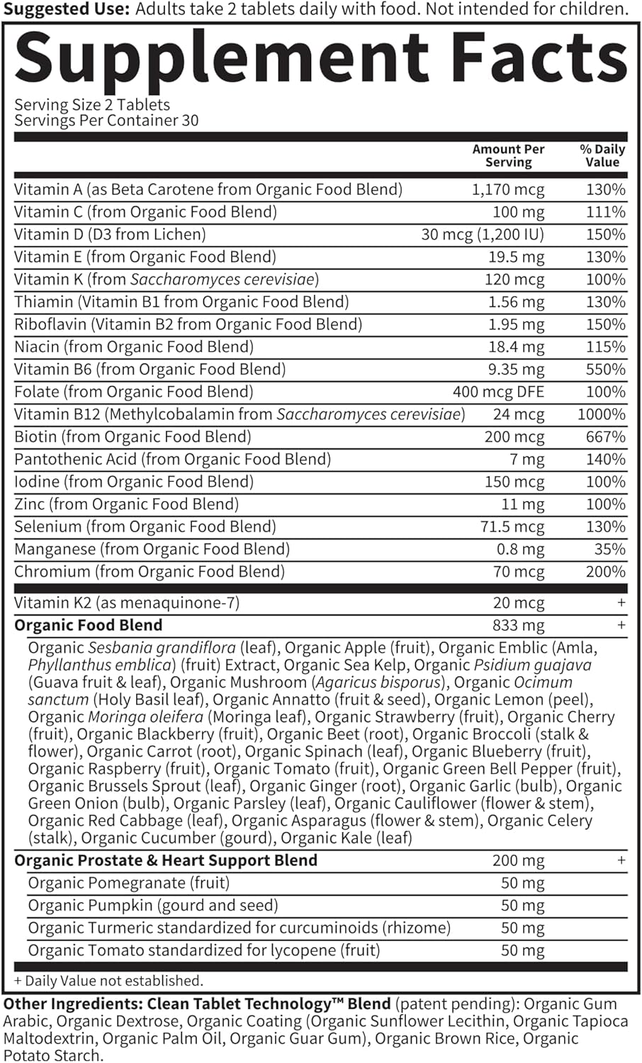 Certified Organic Vegan Men's Multivitamin 40+ for Health and Well-Being, 60 Tablets, Whole Food Vitamins and Minerals for Men Over 40