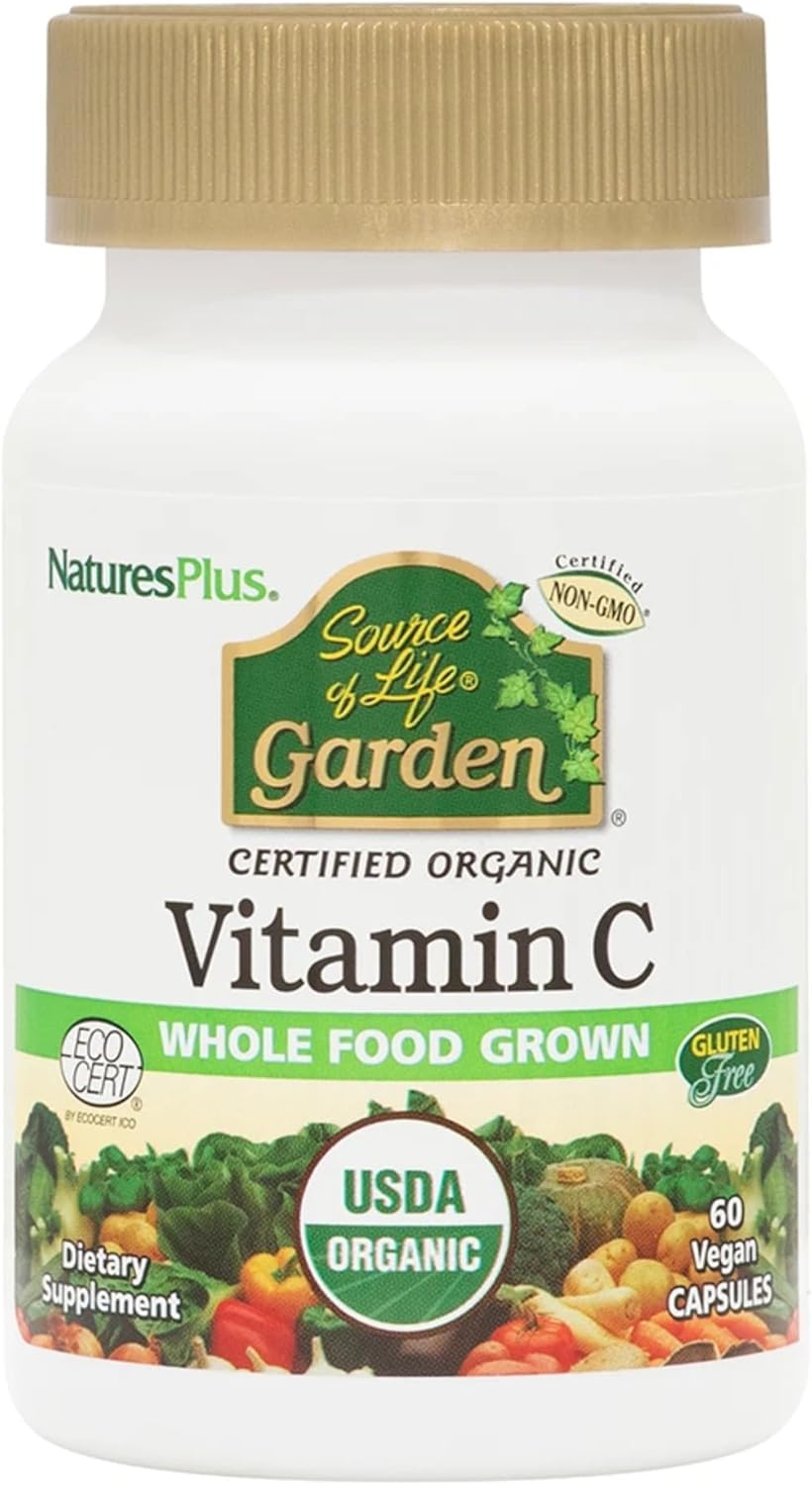 Certified Organic Vitamin C Capsules - Immune System Support - 120 Vegan Capsules - Non-GMO, Gluten Free - Natures Plus Source of Life Garden