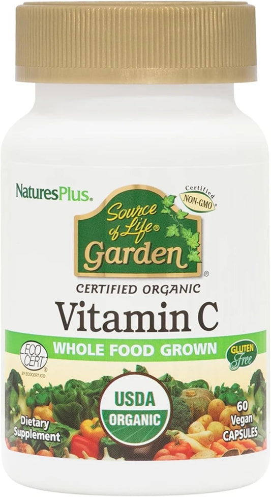 Certified Organic Vitamin C Capsules - Immune System Support - 120 Vegan Capsules - Non-GMO, Gluten Free - Natures Plus Source of Life Garden