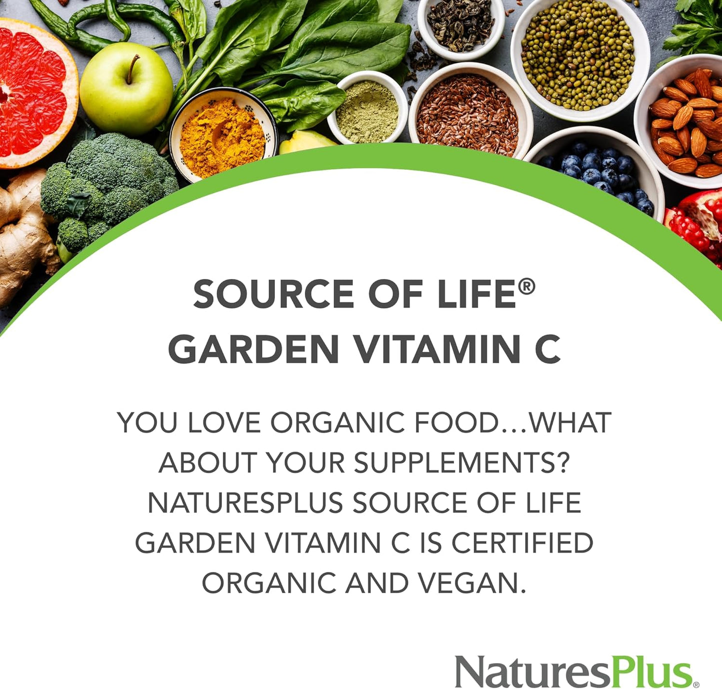 Certified Organic Vitamin C Capsules - Immune System Support - 120 Vegan Capsules - Non-GMO, Gluten Free - Natures Plus Source of Life Garden