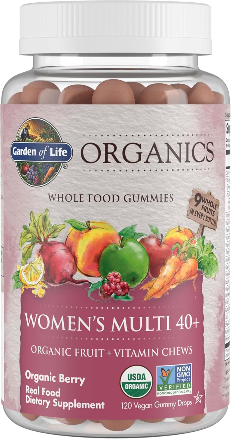 Certified Organic Women's Multivitamin Gummies 40+ - Berry Flavor - Non-GMO, Vegan, Kosher - Methyl B12, C & D3 - Gluten, Soy & Dairy Free - 120 Real Fruit Gummies
