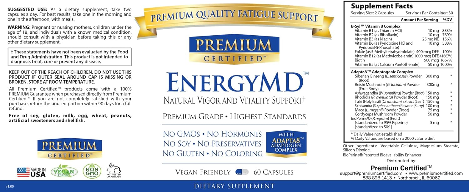 Certified Premium EnergyMD Supplement - Vitamin B Blend, Adaptogenic Complex, Piperine - Natural Energy Booster - 60 Capsules - Non-GMO, Vegan, USA Made