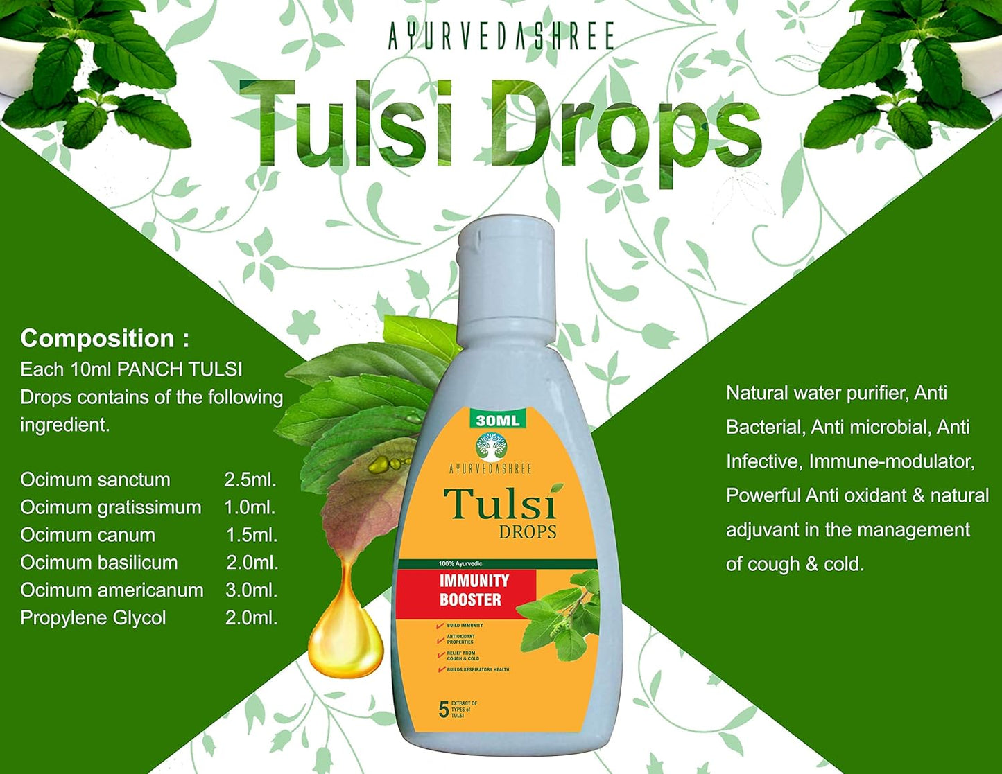 Certified Rare Tulsi Holy Basil Immunity Booster Drops 30 ML Pack - Natural 5 Varieties of Tulsi