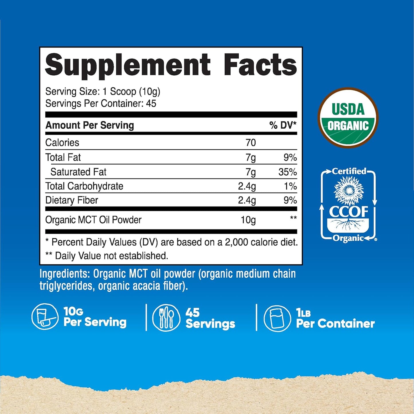 Certified USDA Organic MCT Oil Powder - 1 LB, Zero Net Carbs - Ideal for Keto and Ketogenic Diets