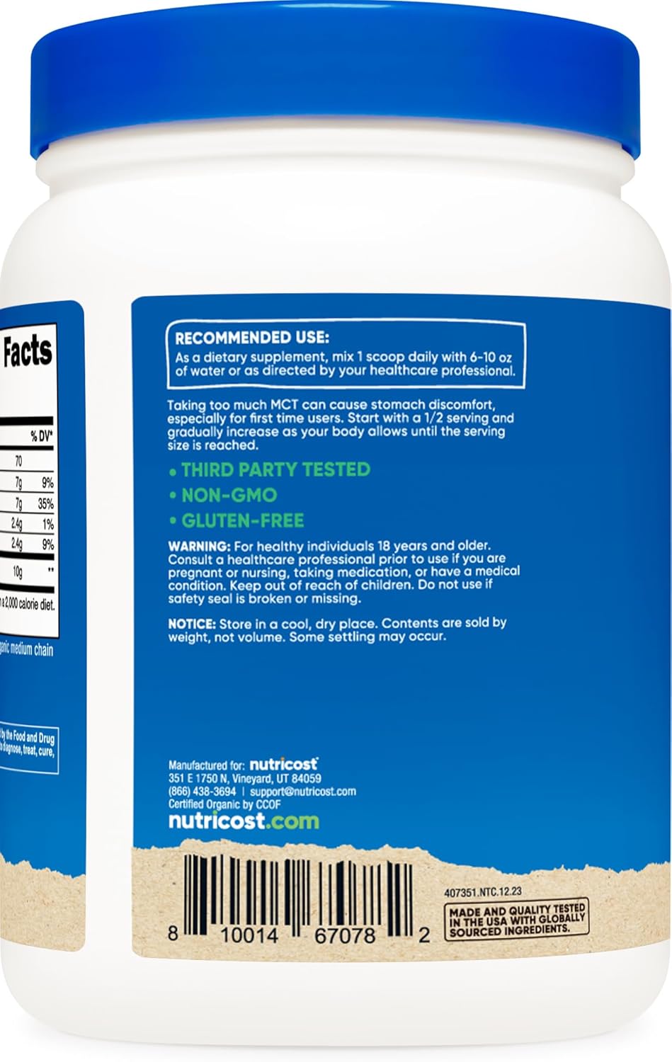 Certified USDA Organic MCT Oil Powder - 1 LB, Zero Net Carbs - Ideal for Keto and Ketogenic Diets