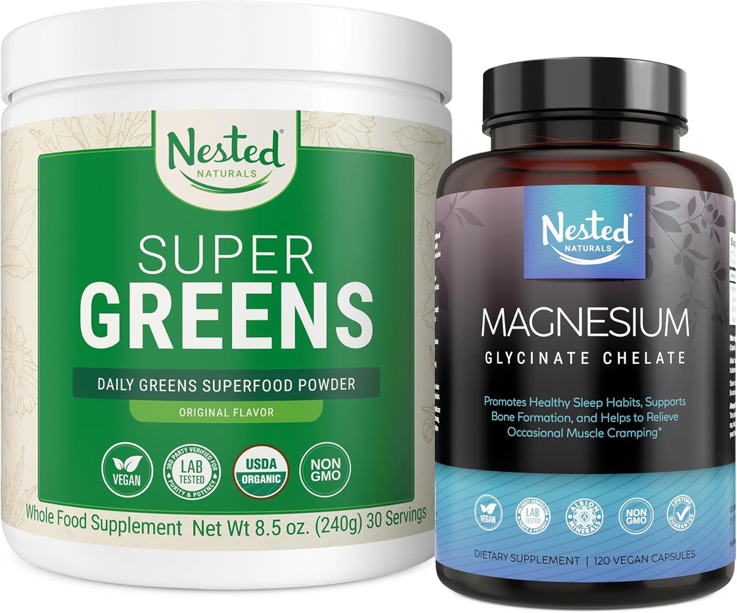 Certified USDA Organic Super Greens Powder & Magnesium Glycinate Chelate Bundle (30 Servings & 120 Capsules)