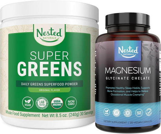 Certified USDA Organic Super Greens Powder & Magnesium Glycinate Chelate Bundle (30 Servings & 120 Capsules)