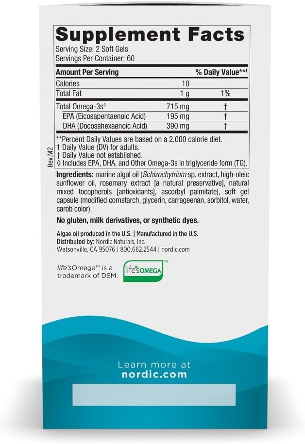 Certified Vegan Algae Omega-3 Soft Gels - 715 mg - Plant-Based EPA & DHA - Heart, Eye, Immune & Brain Health - Non-GMO - 60 Servings