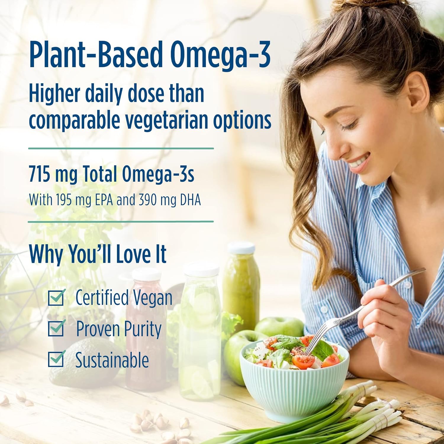 Certified Vegan Algae Omega-3 Soft Gels - 715 mg - Plant-Based EPA & DHA - Heart, Eye, Immune & Brain Health - Non-GMO - 60 Servings