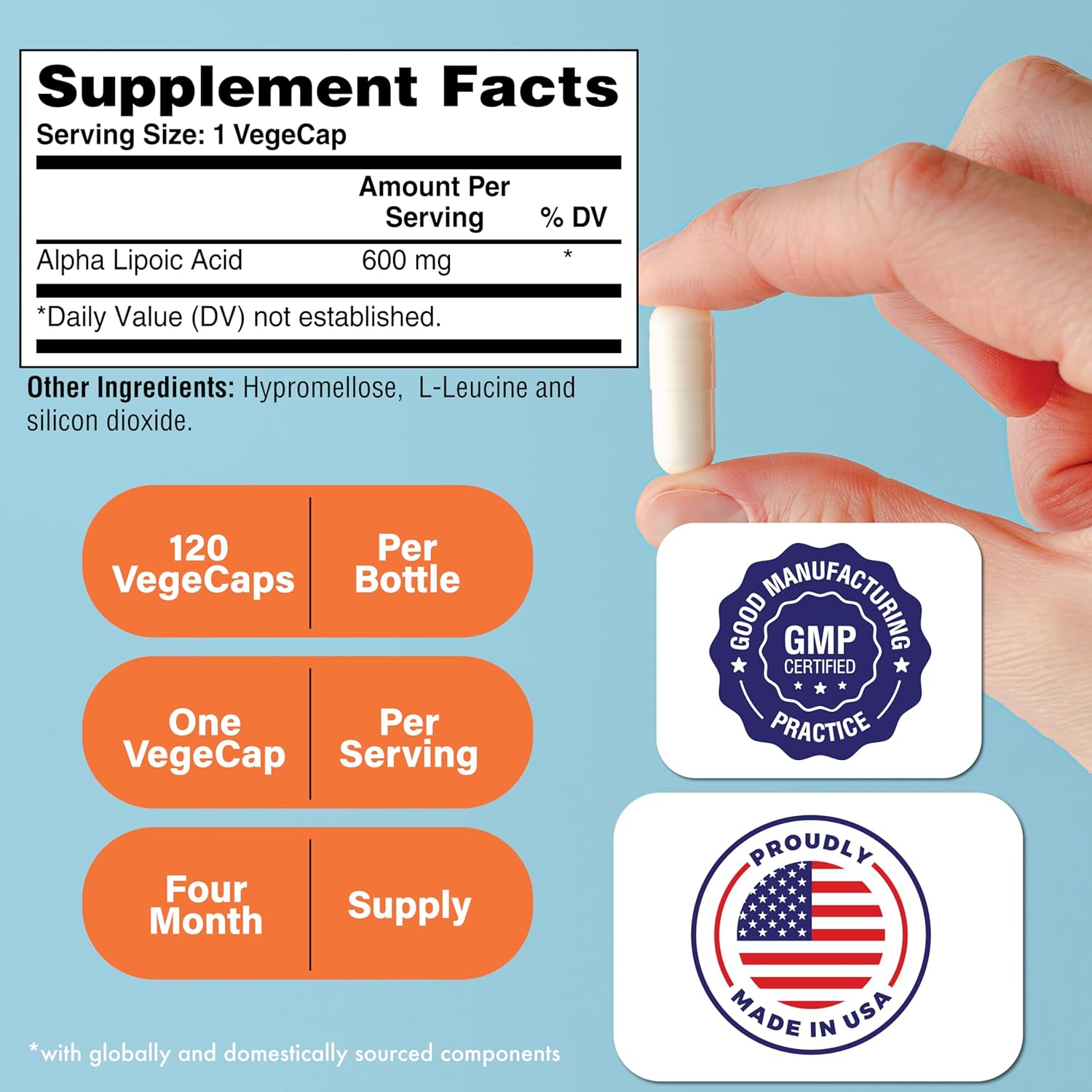 Certified Vegan Alpha Lipoic Acid 600mg Capsules | Universal Antioxidant | Non-GMO, Hypoallergenic, Gluten & Soy Free | 120 Servings