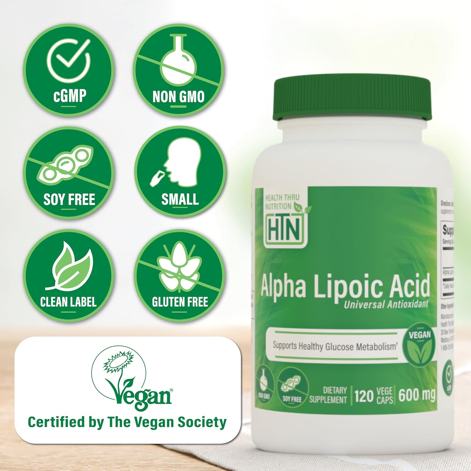 Certified Vegan Alpha Lipoic Acid 600mg Capsules | Universal Antioxidant | Non-GMO, Hypoallergenic, Gluten & Soy Free | 120 Servings
