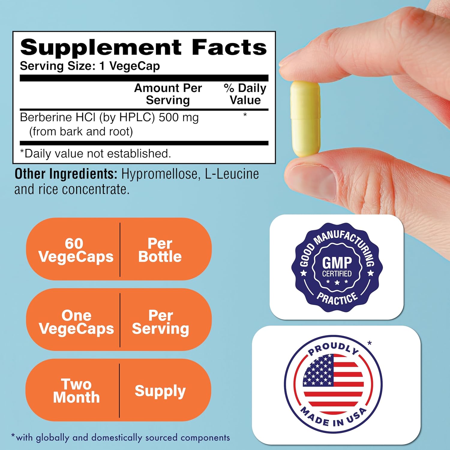 Certified Vegan Berberine HCl 500mg - Clinical Strength - Non-GMO - Gluten & Soy Free - 60 Servings - 3rd Party Tested