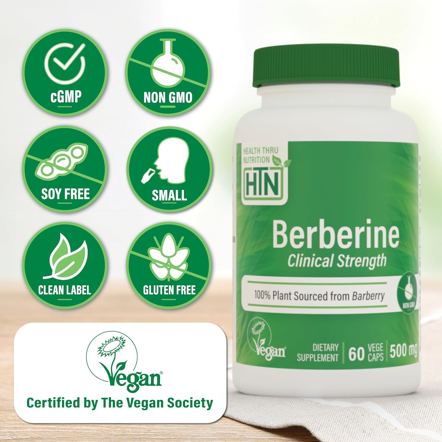 Certified Vegan Berberine HCl 500mg - Clinical Strength - Non-GMO - Gluten & Soy Free - 60 Servings - 3rd Party Tested