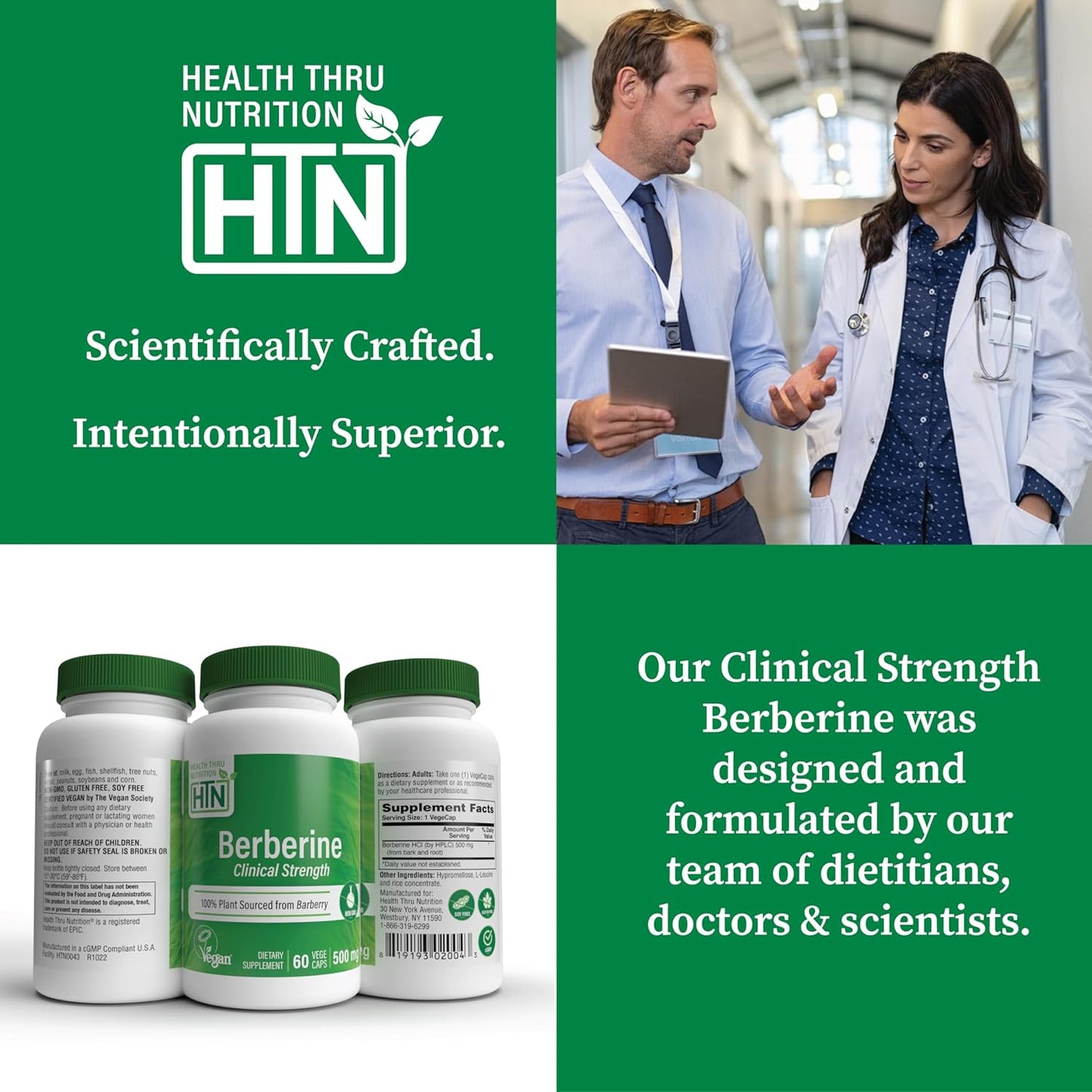 Certified Vegan Berberine HCl 500mg - Clinical Strength - Non-GMO - Gluten & Soy Free - 60 Servings - 3rd Party Tested