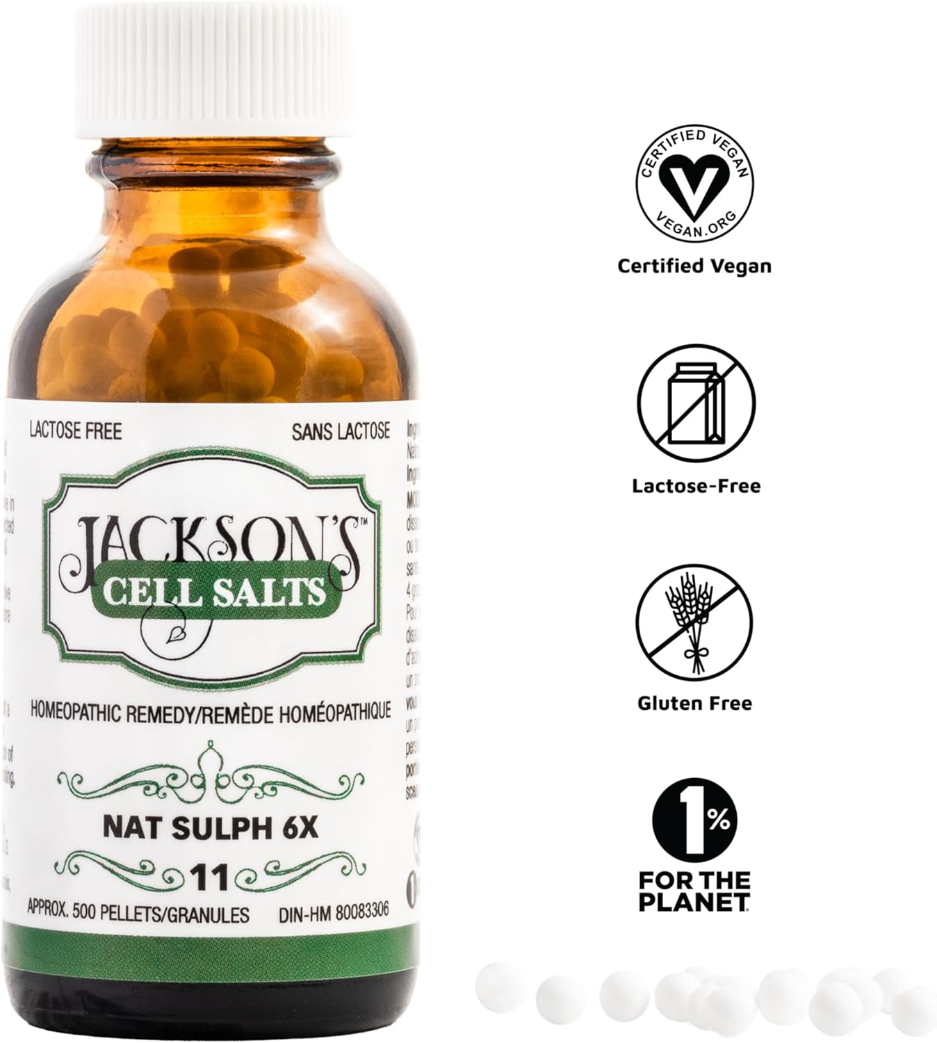 Certified Vegan Natrum Sulphuricum 6X Cell Salt #11 - 500 Pellet Bottle, Lactose-Free Formula
