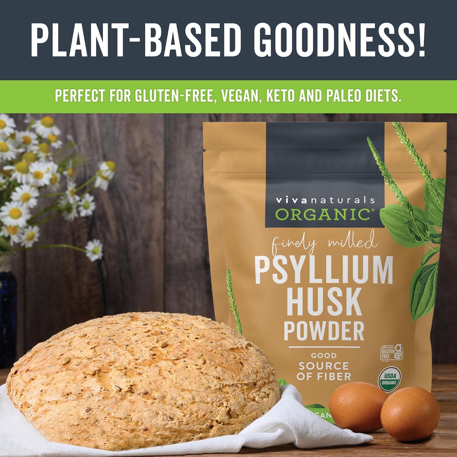 Certified Vegan Organic Psyllium Husk Powder - 24 oz Superfood for Gluten-Free Baking & Smoothies - Keto and Paleo Friendly