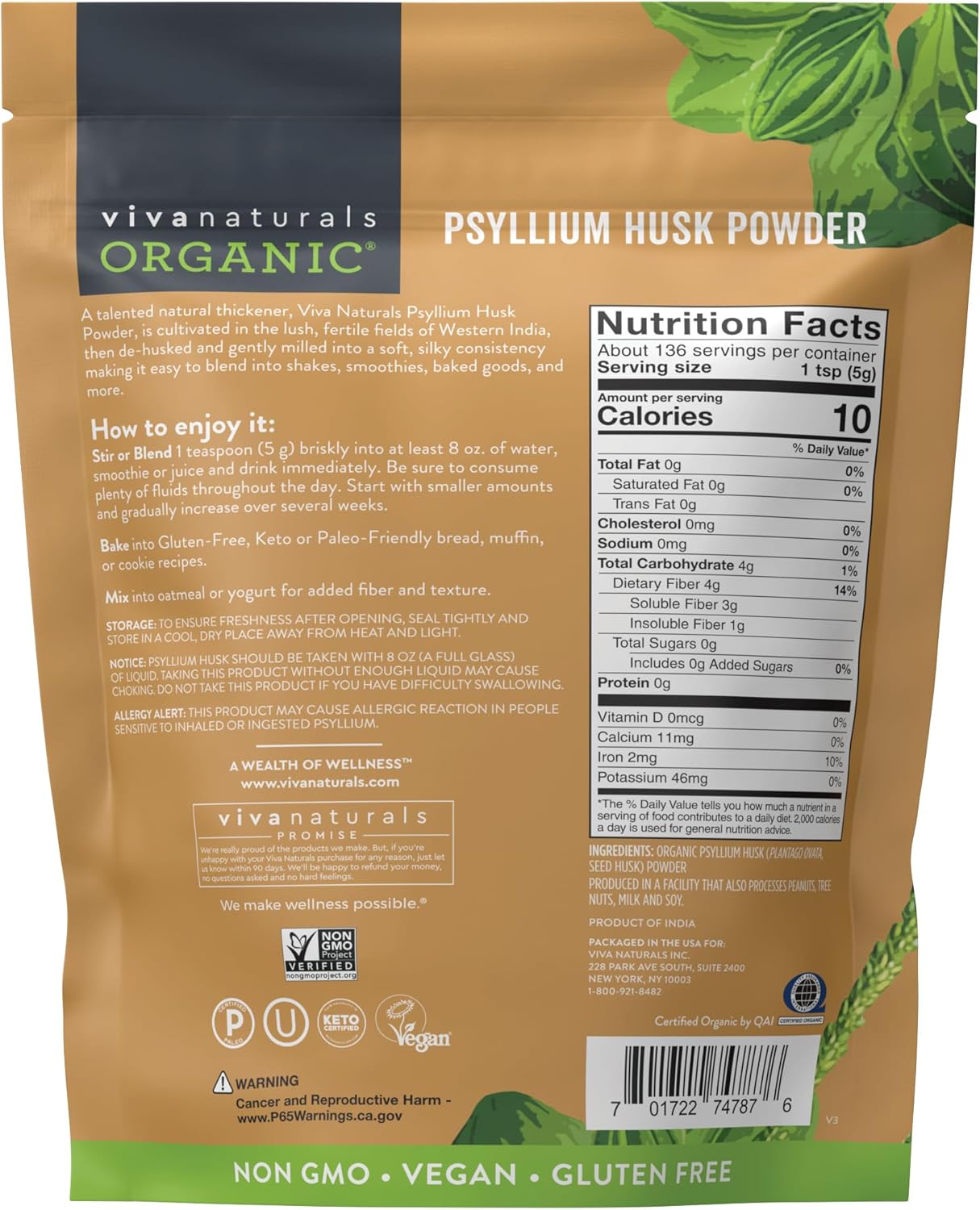 Certified Vegan Organic Psyllium Husk Powder - 24 oz Superfood for Gluten-Free Baking & Smoothies - Keto and Paleo Friendly
