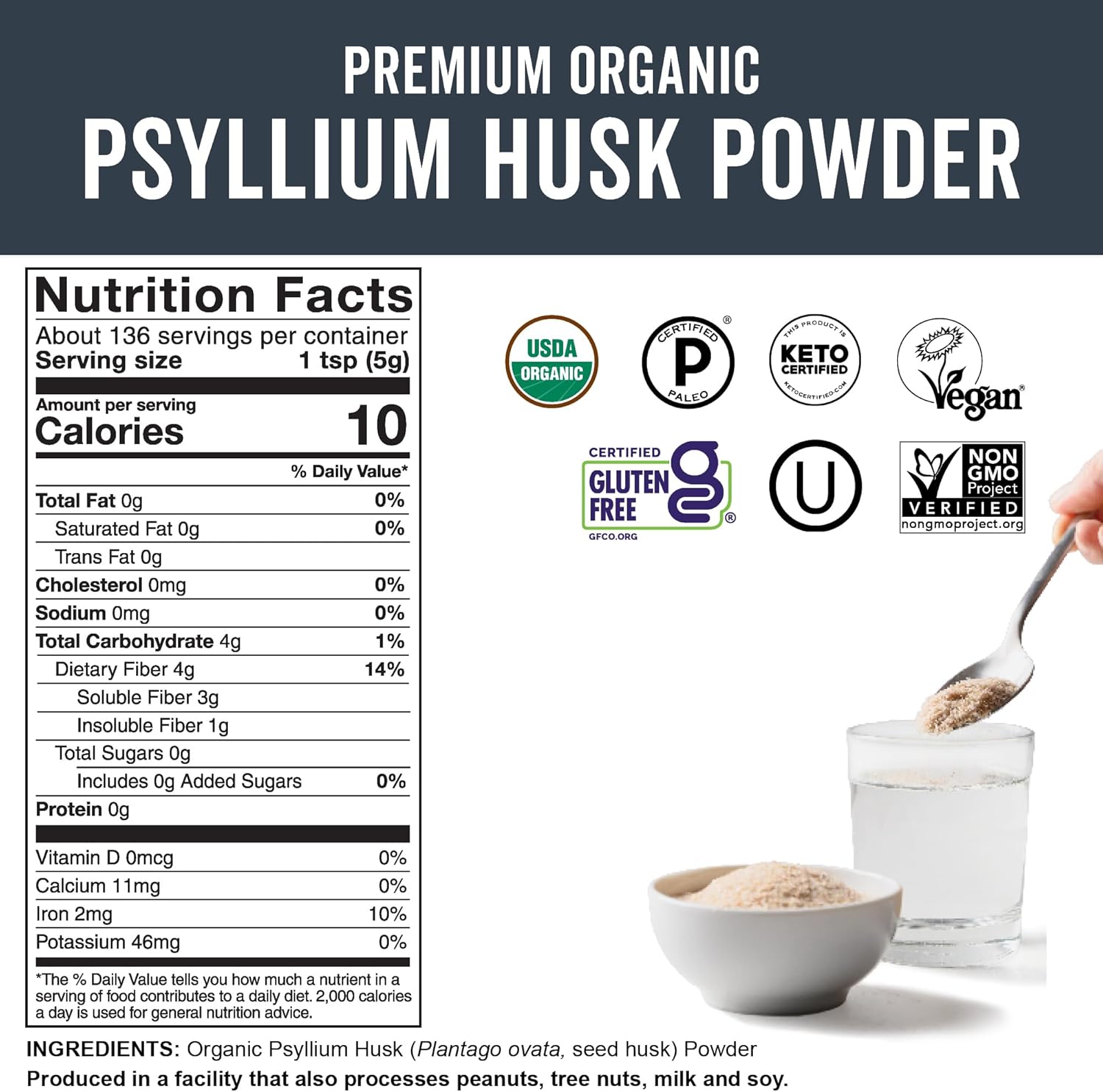 Certified Vegan Organic Psyllium Husk Powder - 24 oz Superfood for Gluten-Free Baking & Smoothies - Keto and Paleo Friendly