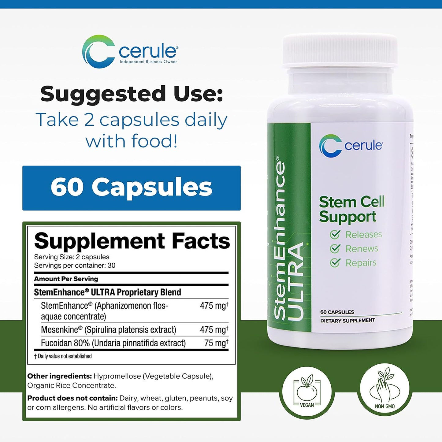 Cerule Stemenhance Plus Cyactive Spirulina Ultra Stem Cell Support Supplement for Boosting Adult Stem Cells