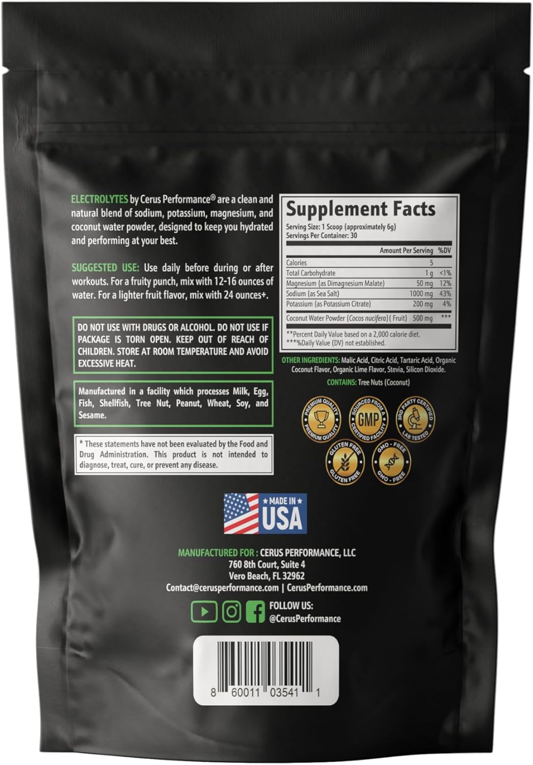 Cerus Performance Electrolyte Powder - Coconut Lime Flavor, 30 Servings, Zero Sugar, Enhanced with Coconut Water & Real Fruit for Endurance & Recovery