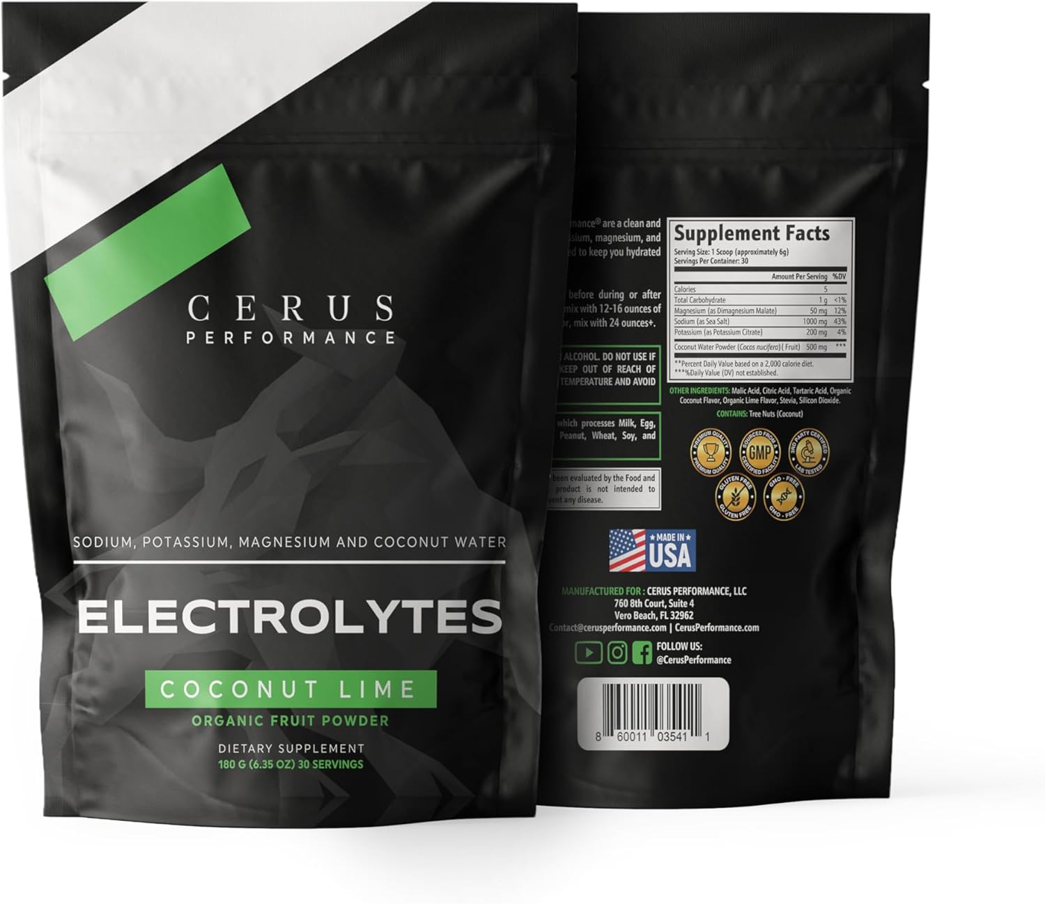 Cerus Performance Electrolyte Powder - Coconut Lime Flavor, 30 Servings, Zero Sugar, Enhanced with Coconut Water & Real Fruit for Endurance & Recovery