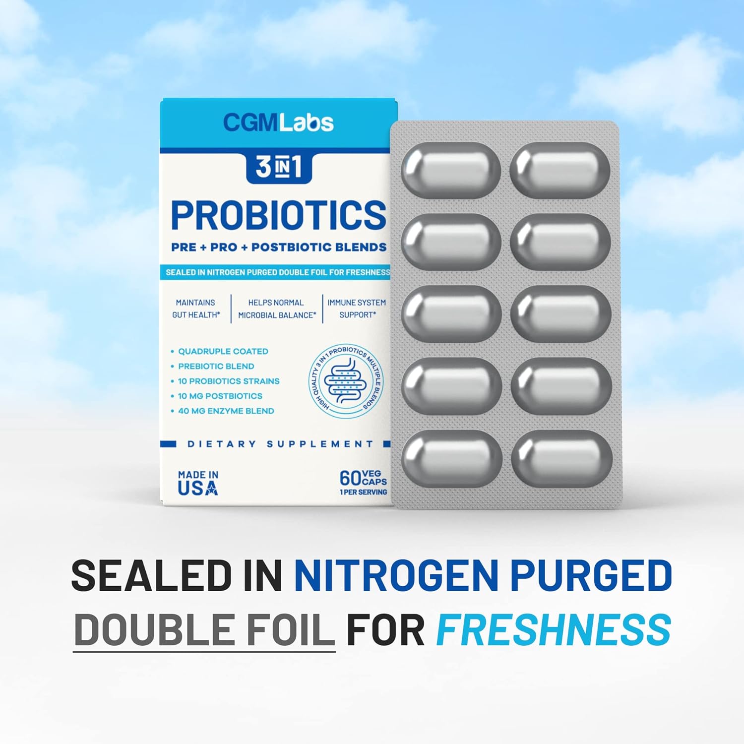 CGMLABS 3-in-1 Probiotics with Prebiotics, Probiotics, and Postbiotics - 60 Veg Capsules, Double-Foil Blister Packed for Freshness
