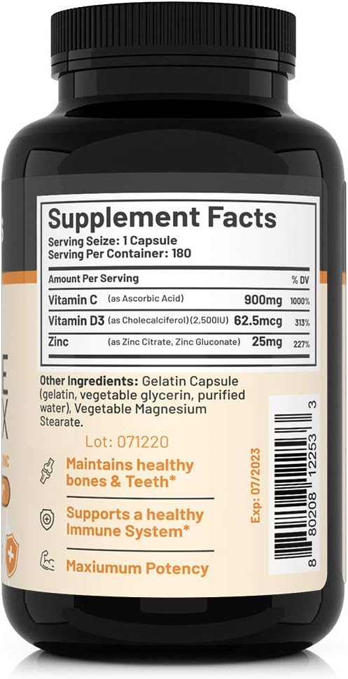 CGMLABS Immune Complex - Vitamin C 900mg, Vitamin D3 2500IU, Zinc 25mg - 180 Capsules, Once Daily