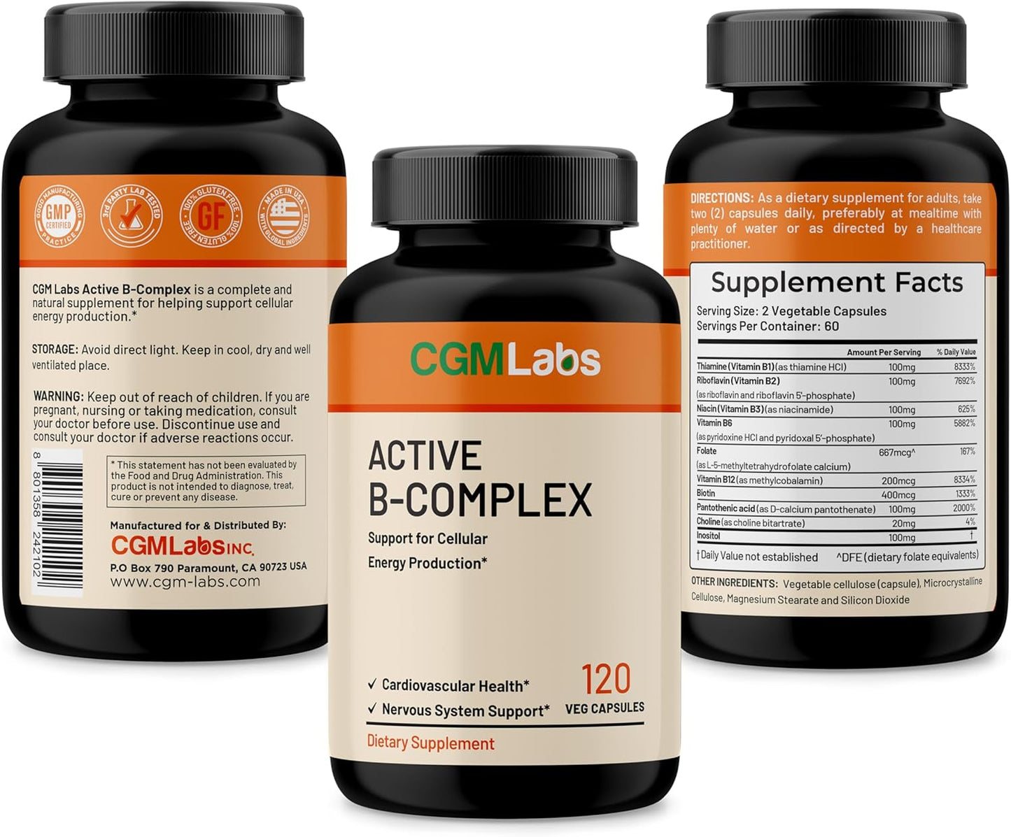CGMLABS Vitamin B Complex - Active B1, B2, B3, B6, B12, Thiamine, Riboflavin, Niacin, Folate, Biotin, Pantothenic Acid, Inositol for Optimal Health