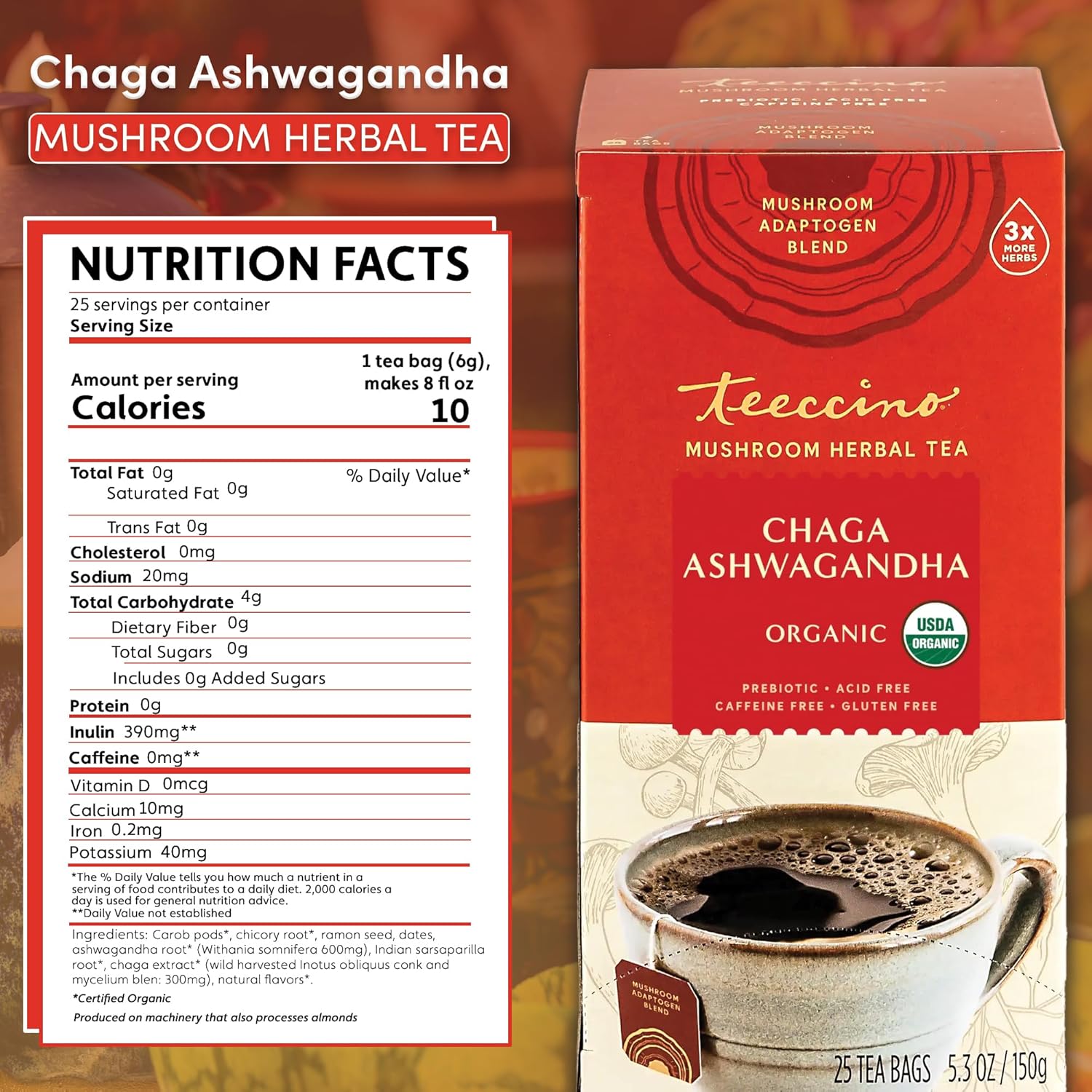 Chaga Ashwagandha Tea & Coffee Alternative Bundle - Butterscotch Cream Flavor, Caffeine-Free, Acid-Free, Adaptogenic Herbal Mushroom Drink