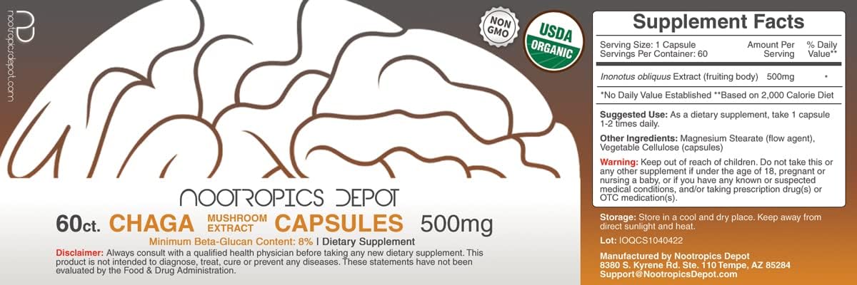 Chaga Mushroom Capsules by Nootropics Depot | 500mg | 60 Capsules | Inonotus obliquus