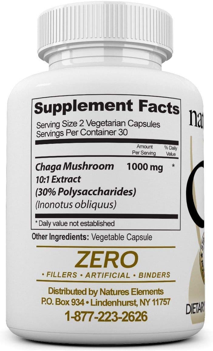 Chaga Mushroom Extract Capsules - Immune Support Supplement - Standardized 10:1 Extract - 30% Polysaccharides - 1 Month Supply - 500mg Veggie Capsules
