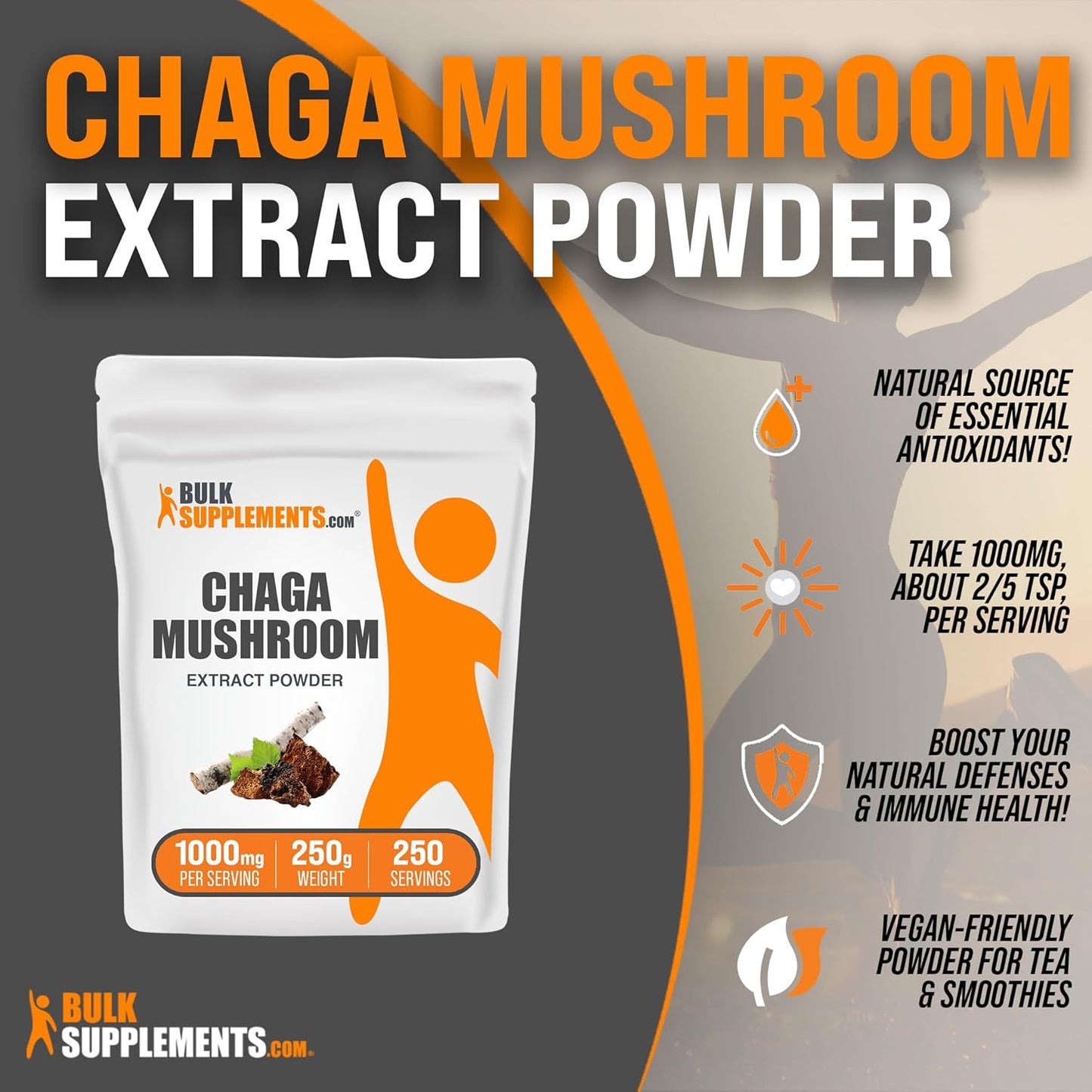 Chaga Mushroom Extract Powder - Immune Support, Gluten Free - 250g (8.8 oz) Pack of 1 - 1000mg per Serving