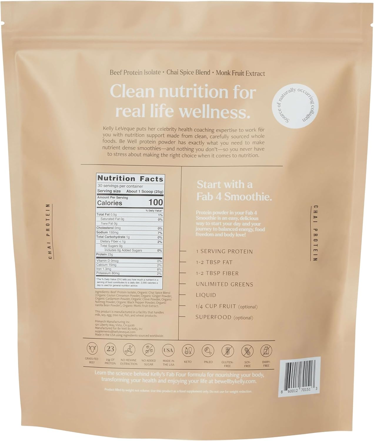 Chai Grass-Fed Beef Protein Powder by Kelly LeVeque: 23g Protein, 1g Net Carbs, No Soy/Dairy, 30 Servings