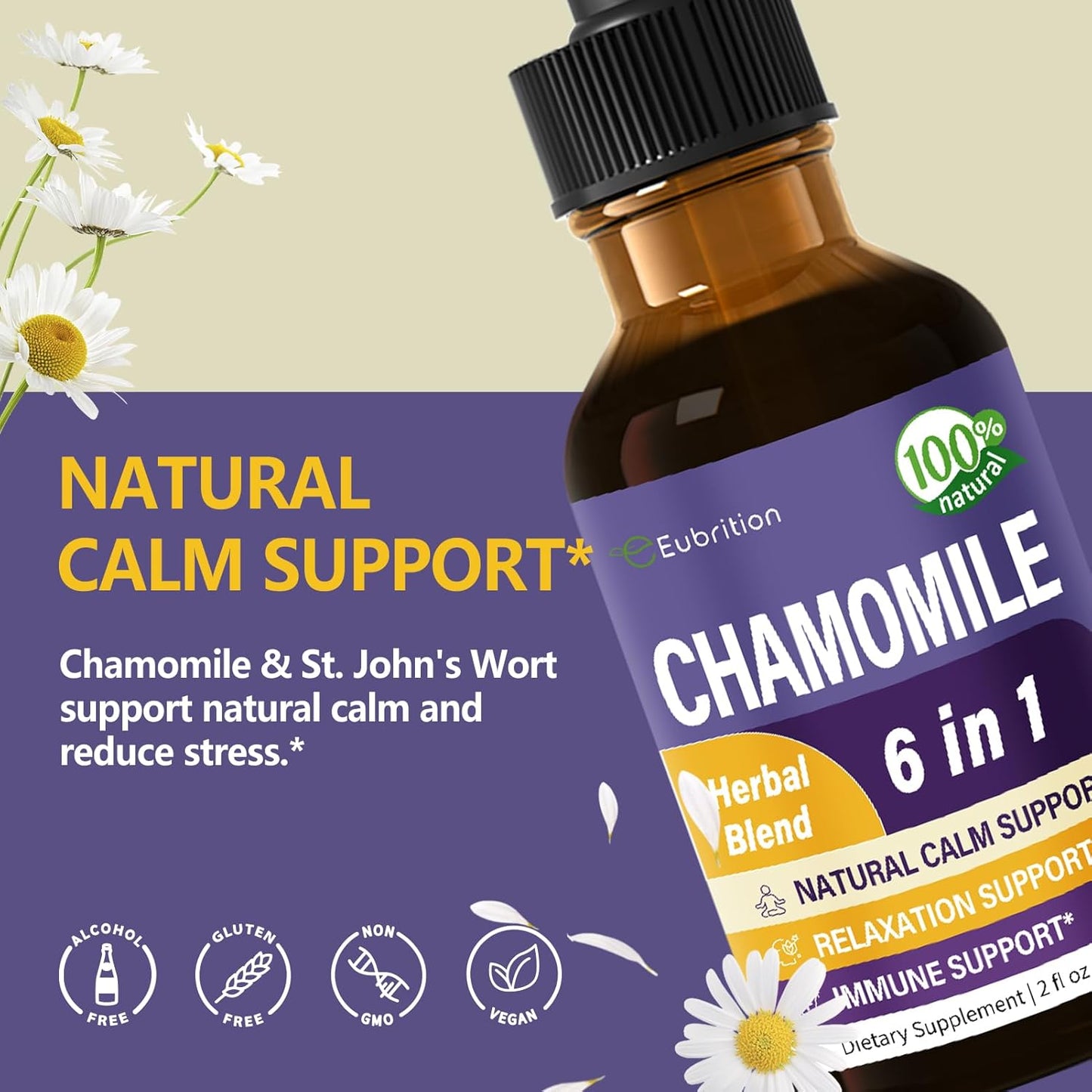 Chamomile Liquid Drops for Natural Calm, Relaxation, and Immune Support - 2oz Original Formula
