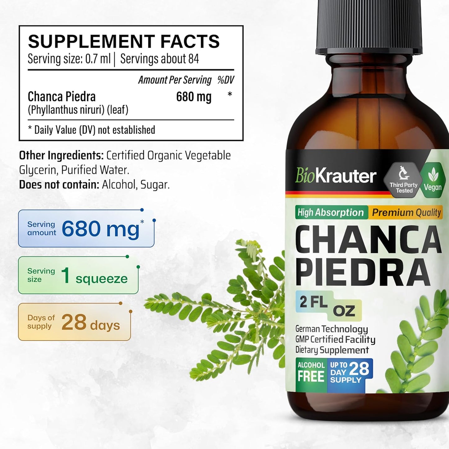 Chanca Piedra Herbal Tincture for Kidney Health - Stone Breaker & Gallbladder Cleanse Liquid - Vegan, Alcohol & Sugar Free - 2 Fl Oz